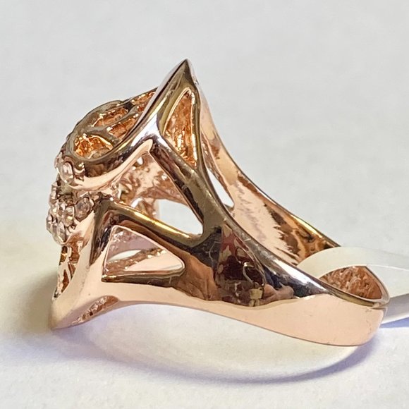 Art Deco Cocktail Ring Size 8 9 Rose Gold Plated Filigree Crystal Vintage Style - Picture 7 of 10